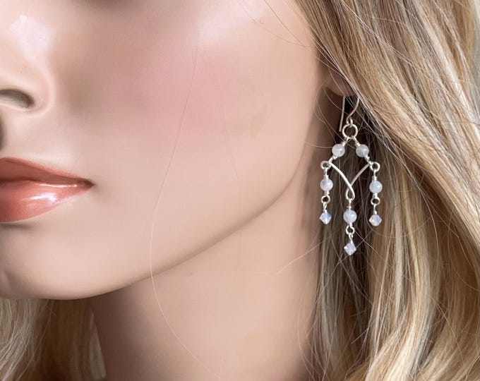 Moonstone Chandelier Earrings in Sterling Silver, Blue Flash Moonstone & Swarovski Crystal Dangles | Statement Bridal Earrings,
