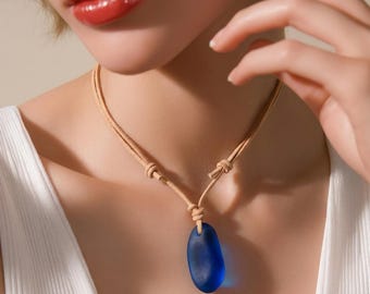 Teal Blue Sea Glass Choker Necklace, Adjustable Leather Cord, Coastal Surfer Jewelry