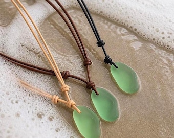 Green Sea Glass Pendant Necklace, Adjustable Leather Cord, Coastal Beach Choker