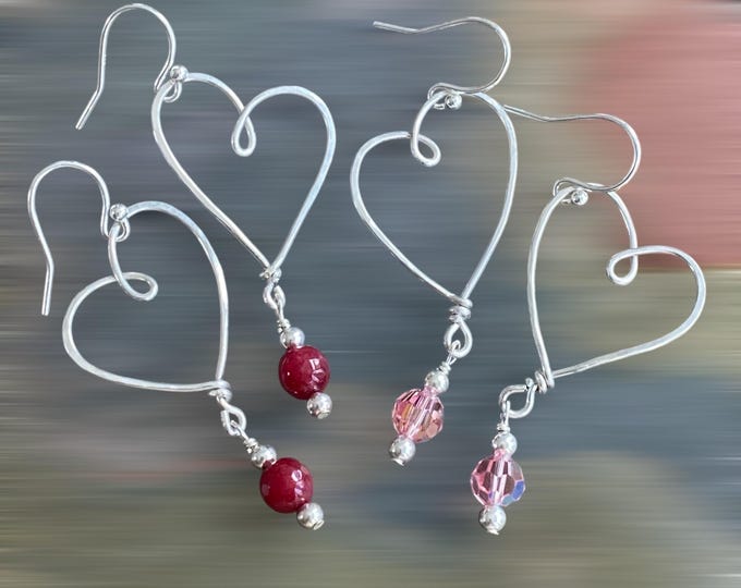 Wire Heart Earrings with Ruby, Valentine Heart Earrings, Wire Wrapped Genuine Ruby Earrings in .925 Sterling Silver, Gifts for Women