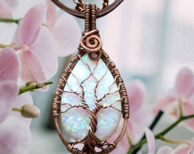 White Opal Pendant Necklace in Antiqued Copper,Simulated Opal Tree of Life Necklace Copper wire,Synthetic Opal Tree of Life,Mothers Day Gift