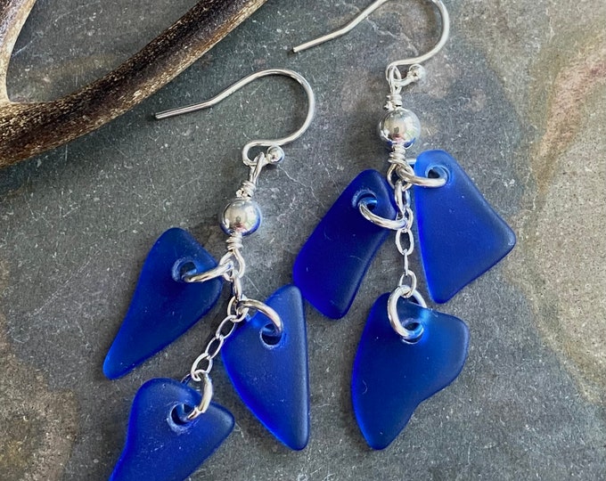 Blue Sea Glass Earrings in Sterling Silver, Cobalt Blue Sea Glass Dangling Earrings, Beach Wedding Jewelry, Coastal Ocean Inspired Jewelry