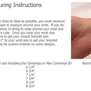 May include: Measuring instructions for bracelets with a chart showing wrist sizes in inches and corresponding bracelet sizes in inches. The chart includes two bracelet styles: Contempo or Max Contempo ID and Wave ID. A photo shows a person measuring their wrist with a yellow measuring tape.