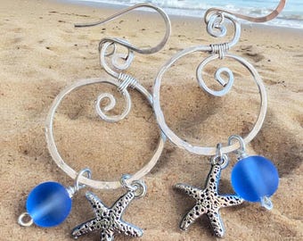 Handmade Sea Glass Starfish Silver Charm Dangling Earrings, Spiral Design Sea Glass Nautical Design Earrings, Coastal Ocean Theme Earrings