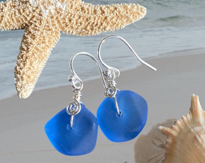 Blue Sea Beach Glass Earrings in Sterling Silver Earwires, Blue Sea Glass Earrings, Beach Weddings, Blue earrings-You Pick Your Favorite