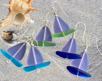 Sailboat Sea Glass Earrings, Periwinkle Sea Glass Earrings Sea Glass Earrings, Beach Wedding, Beach glass Dangle earrings, Sea Glass Jewelry