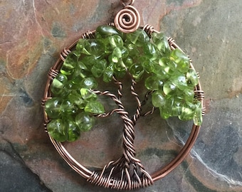 Peridot Tree of Life Antiqued Copper Necklace,Peridot Tree of Life Pendant,Wire Wrapped Peridot Necklace,August Birthstone Tree of Life