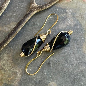 Gold Wire Wrapped Onyx Dangle Earrings: Black Gemstone Jewelry