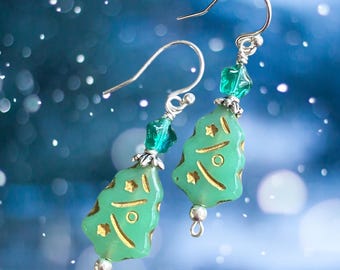 Sterling Silver Green Christmas Tree Earrings, Holiday Accessory Festive Jewelry, Green Tree Dangle Earrings with Star