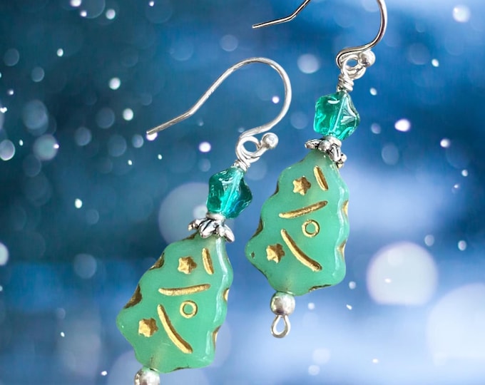 Sterling Silver Green Christmas Tree Earrings, Holiday Accessory Festive Jewelry, Green Tree Dangle Earrings with Star