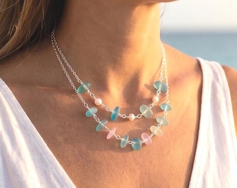 Sea Glass Necklace, Coastal Beach Jewelry, Aqua pink Lavender Jewelry,