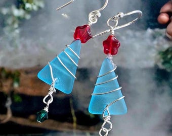 Sea Glass Christmas Tree Earrings: Sterling Silver Holiday Jewelry