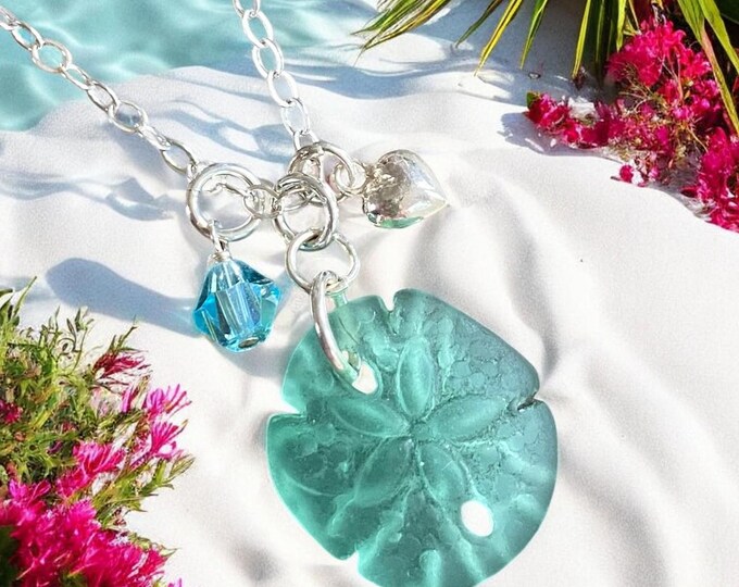 Handmade Sand Dollar Sea Glass Necklace in Sterling Silver,Ocean Nautical Inspired Necklace, Beach Jewelry, Artisan-crafted Seafoam Necklace