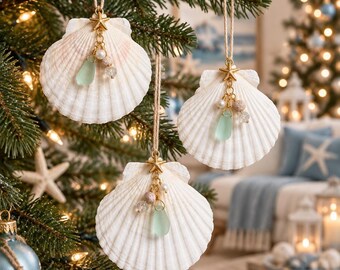 Seashell Christmas Ornament, Seafoam Sea Glass Coastal Holiday Decor, Handmade Beach Christmas Tree Ornament, Ocean Gift