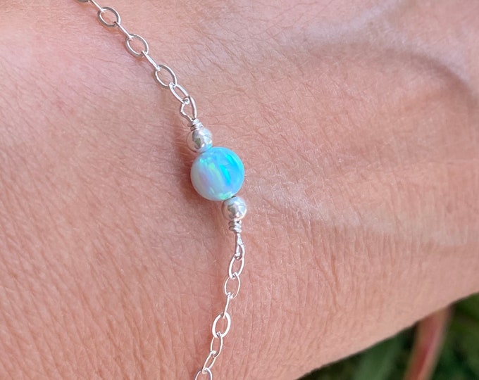 White Opal Bracelet, Minimalist Bracelet, Tiny Opal Bracelet, Blue Opal Bracelet, Opal Bracelet in Sterling Silver, Beaded Opal Bracelet