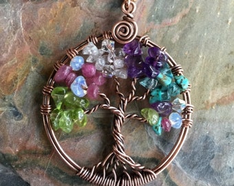 Family Tree of Life Necklace in Antiqued Copper,Custom Tree of Life Jewelry, Tree of Life Necklace with Birthstones,Birthstone Gift for Mom