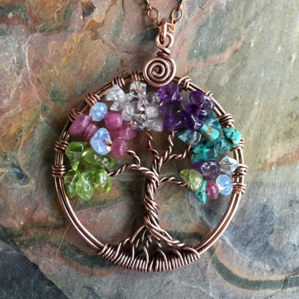 Family Tree of Life Necklace in Antiqued Copper,Custom Tree of Life Jewelry, Tree of Life Necklace with Birthstones,Birthstone Gift for Mom