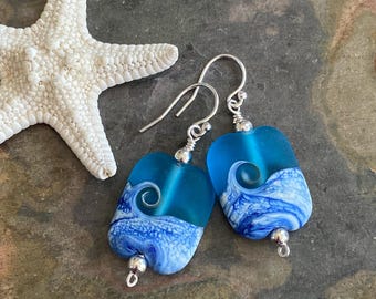Wave Sea Glass earrings, Etched Aqua blue Jewelry, Gifts for Ocean Lovers, Beach Wedding