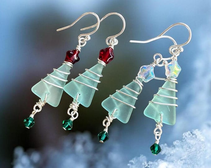 Christmas Tree Earrings, Sea Glass Christmas Dangle Earrings, Sterling Silver Holiday Christmas Earrings, Coastal Holiday Earrings