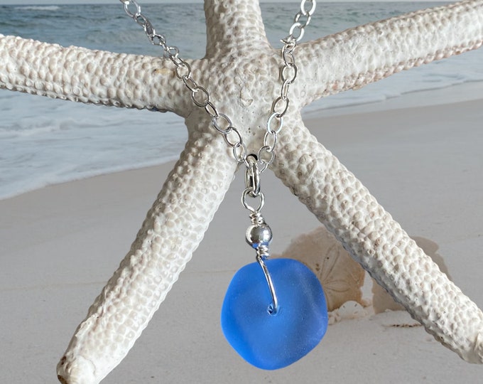 Beach Glass Jewelry, Blue Sea Glass  Necklace and Earrings in Sterling Silver, Blue SeaGlass Necklace, Summer Sea Glass Jewelry SET,