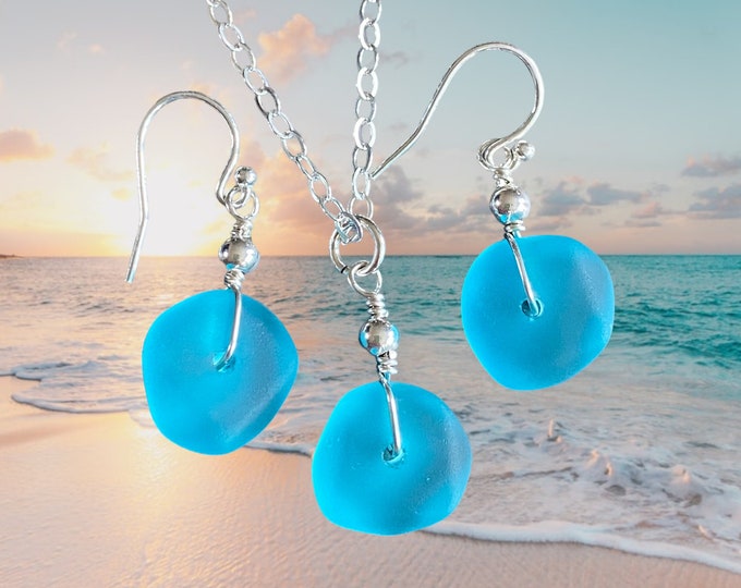 Turquoise Blue Beach Glass Jewelry, Blue Sea Glass  Necklace and Earrings in Sterling Silver, Sea Glass Necklace,  Sea Glass Jewelry SET,