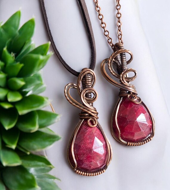 Ruby Necklace Wire Wrapped Ruby Necklace July Birthstone Ruby Necklace Antiqued Copper Birthstone Necklace Red Necklace ruby Jewelry Etsy