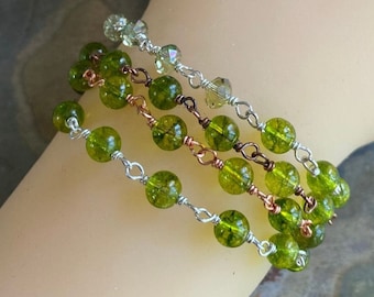 Wire Wrapped Peridot  Link Bracelet, Peridot Bracelet,August Birthstone Bracelet in Sterling Silver,Copper Antiqued Copper,Stacking Bracelet