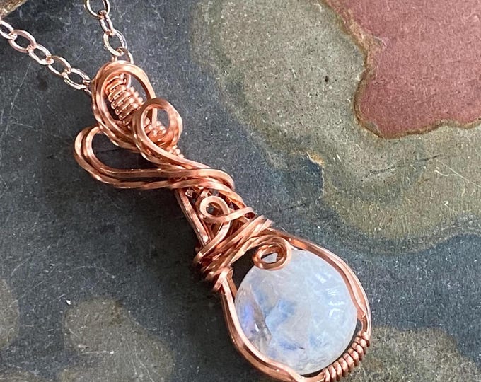 Wire Wrapped Moonstone Necklace in Natural  Copper,Rainbow Moonstone Necklace, Blue Flashing Moonstone Necklace,June Birthstone necklace