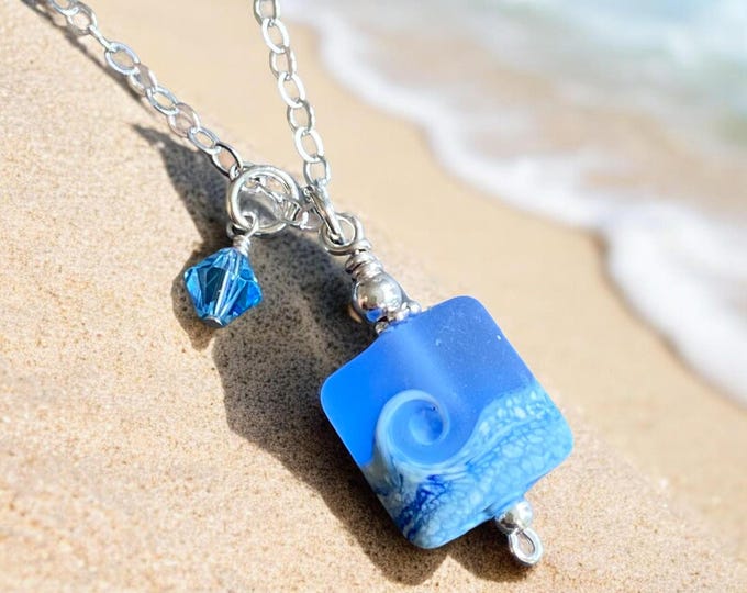 Ocean Beach Wave Necklace, Blue Beach Wave Necklace,Ocean Wave Lampwork Pendant, Beach Wave Jewelry, Blue Sea Glass Necklace sterling silver