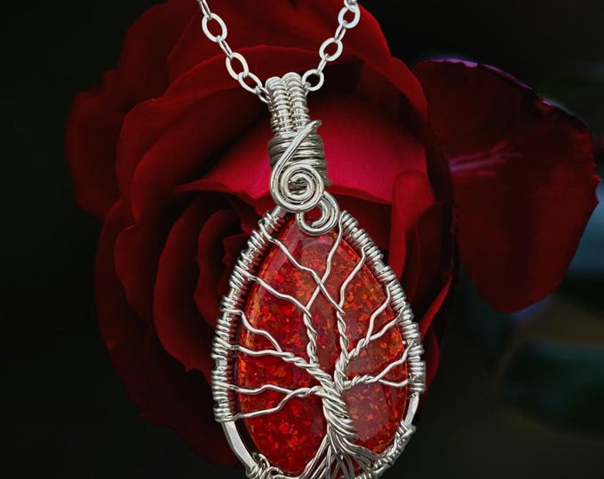 Valentine Necklace, Ready Ship in 1 to 2 days, RED Opal  Necklace, Opal Tree of Life Necklace, Holiday Necklace, Lab Created Opal Necklace
