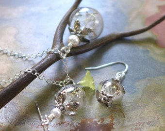 Dandelion Necklace, Real Dandelion Seed Pearl  Silver Necklace, earrings-Make a Wish Dandelion. Birthday Gift, Dandelion Wish necklace