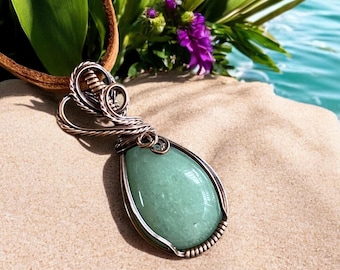READY SHIP in 1 to 2 days, Wire Wrapped Aventurine Necklace, Aventurine in Copper wire, Wired Aventurine Pendant Jewelry, Green Necklace