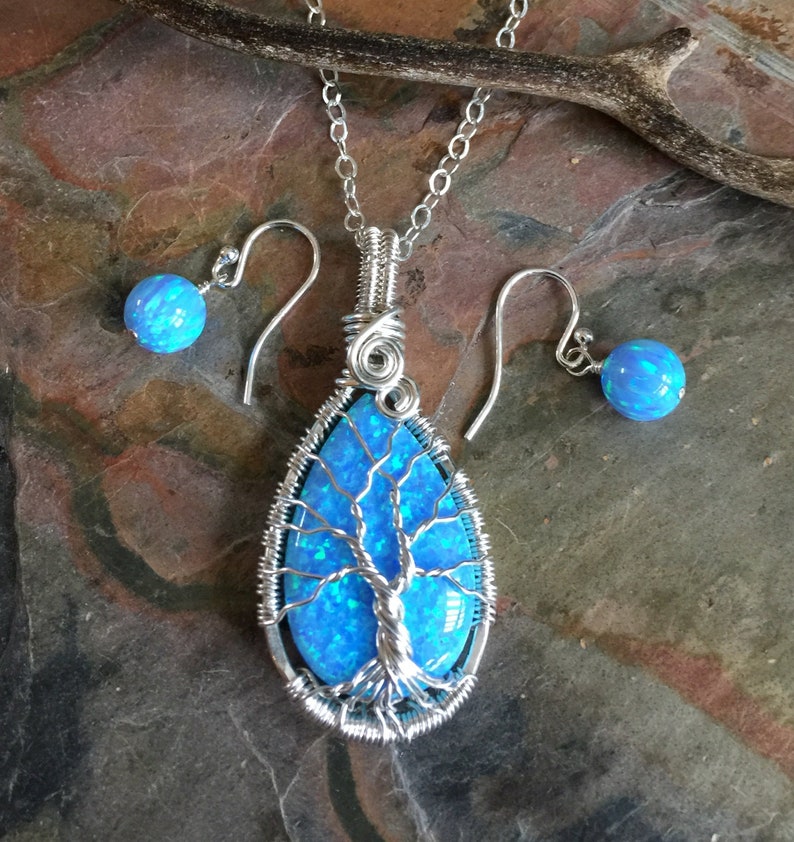 Blue Opal Necklace sterling silver,Wire Wrapped Synthetic Blue Opal Tree of Life Necklace,October Birthstone,Opal Jewelry,Blue Opal Earrings image 5