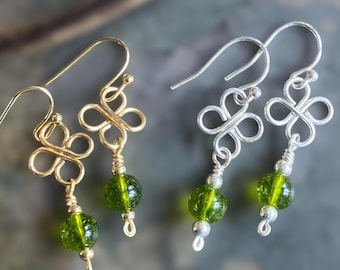 Peridot Earring Celtic Design, Handmade Sterling Silver, Gold finished, Copper Dangle August Birthstone  Earrings, Dangle Earrings in Gold