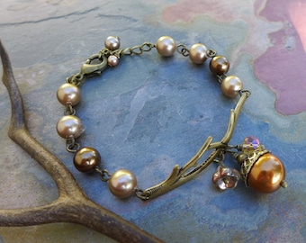 Acorn Bracelet, Acorn Twig Branch Bracelet, Twig Branch Pearl Brass Bracelet, Fall Acorn Bracelet, Wedding/Bridal Bracelet