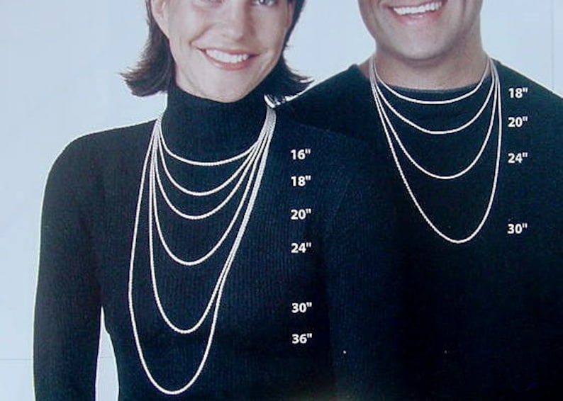 May include: A side-by-side comparison of necklace lengths, showing a woman wearing a variety of chain lengths from 16 to 36 inches and a man wearing chain lengths from 18 to 30 inches.