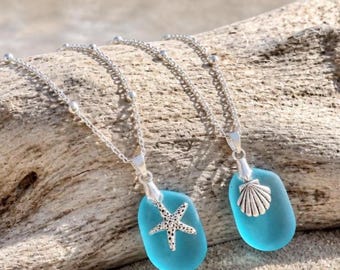 Aqua Sea Glass Necklace, Starfish or Shell Charm, Silver Satellite Chain, Coastal Jewelry