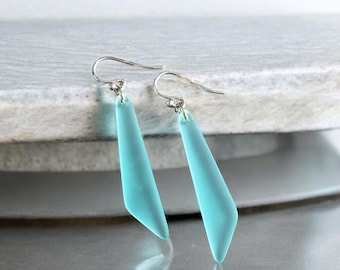 Wire wrapped Long Sea Glass Earrings in Sterling Silver, Aqua Blue Sea Glass Silver Earrings,Beach Weddings, Sea Glass Jewelry, Beach Glass