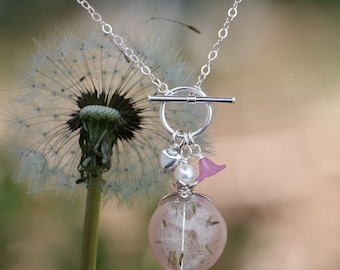 Dandelion Necklace, Real Dandelion Seed Pearl Silver lariat Necklace-Wish Necklace, Wish Gift, Glass Wish Necklace, Graduation Gifts