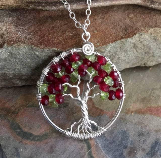 Garnet Peridot Tree of Life Sterling Silver Necklace Wire Wrapped