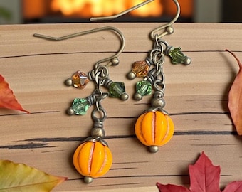 Orange Pumpkin Crystal Earrings, Fall Dangling Earrings, Halloween Thanksgiving Earrings.