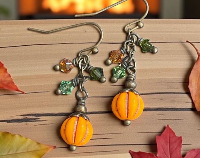 Orange Pumpkin Crystal Earrings, Fall Dangling Earrings, Halloween Thanksgiving Earrings.