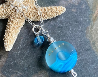 Beach Necklace, Ocean Wave Necklace in Sterling silver, Blue Ocean Wave Lampwork Glass Necklace, Blue Ocean Wave Glass  Necklace,
