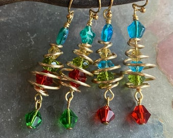 READY to  SHIP in 1 to 2  days, Christmas Tree Earrings, Wired Christmas Earrings, Swirled Christmas Tree dangling Earrings, Holiday jewelry