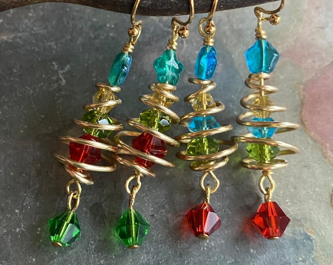 READY to  SHIP in 1 to 2  days, Christmas Tree Earrings, Wired Christmas Earrings, Swirled Christmas Tree dangling Earrings, Holiday jewelry