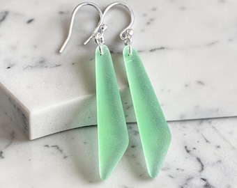 Green Sea Glass Elongated Earrings, Sterling Silver, Puffed Beach Wedding Jewelry