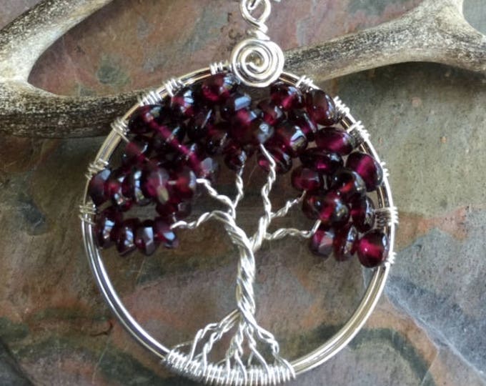 Sterling Silver Garnet Necklace,Garnet Tree of Life Necklace with .925 Sterling Silver Chain, January Birthstone Tree of Life, Gifts for Her