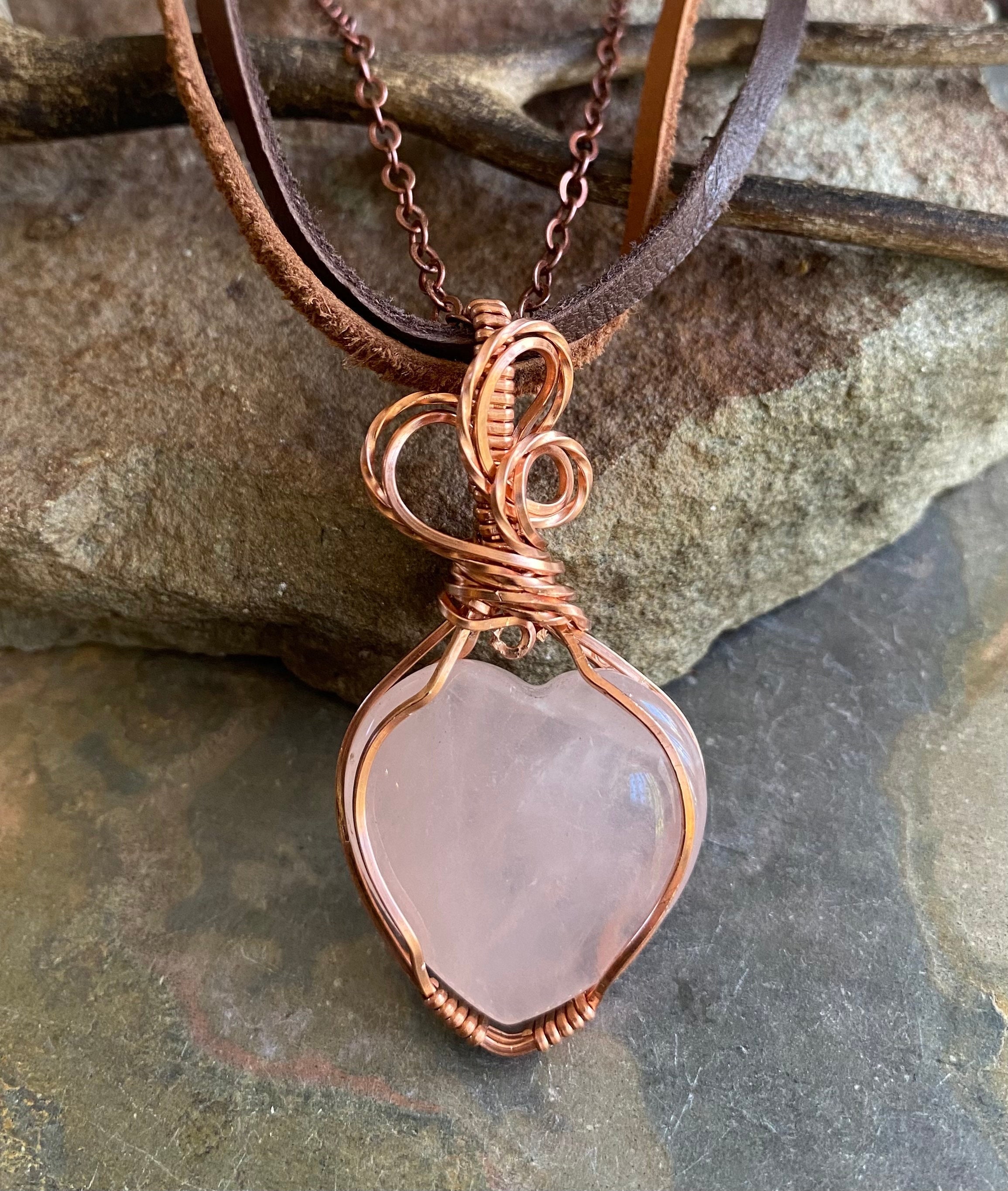 Rose Quartz Wire Wrapped Heart Necklace Rose Quartz Necklace Rose Quartz Wire Wrapped Pendant Rose Quartz Wire Wrapped Necklace