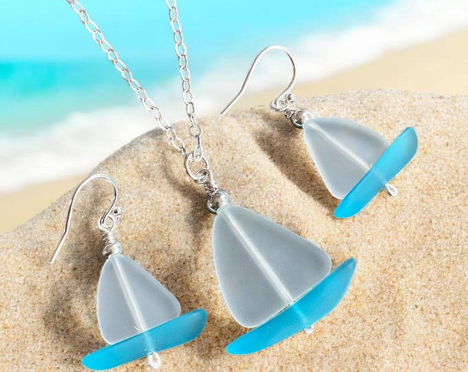 Nautical White Sea Glass Sailboat Necklace & Earring SET in Sterling Silver, Ocean-Inspired Beach Glass Sailboat Necklace and Earring SET,