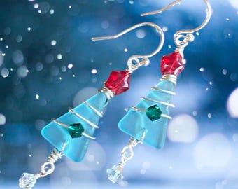 Light Aqua Christmas Tree Sea Glass  Earrings, Sterling Silver Holiday Tree Earrings